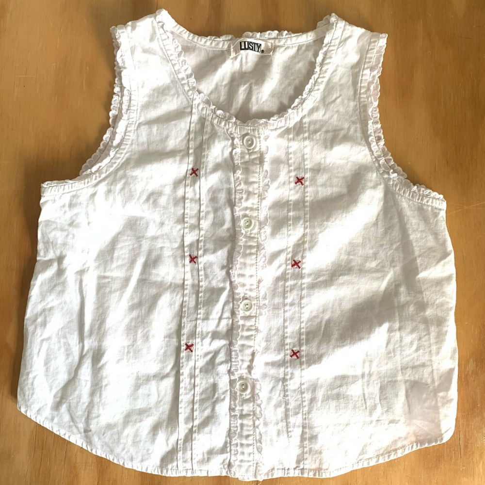 1980s Japanese Kids White Sleeveless Button-Up Top with Red Accents 110cm
